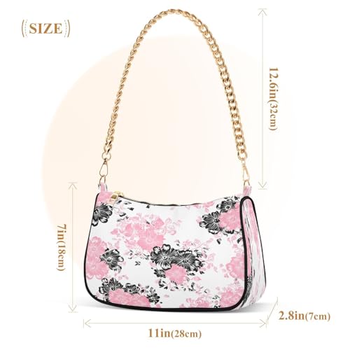 Shoulder Bag for Women Pink Black Flowers Tote Handbag Crossbody Bag with Zipper Closure3