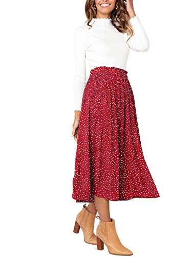 PERSUN Women's High Waisted Midi Long Polka Dots Pleated Skirt Flowy Swing Skirt with Pockets