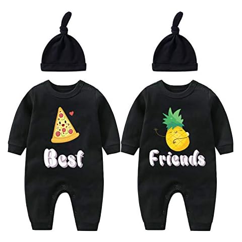 QIANWANYI Baby Twins Bodysuits Girl Outfit best friend Clothes Infant Girl Suit Boy Clothes with Hat Set - black - 0-3 Months Cover