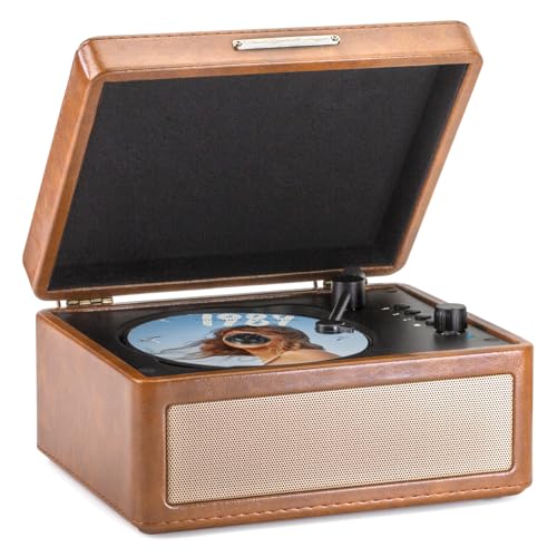 LOVIGA Retro Cute CD Player Bluetooth with HiFi Speakers, Rechargeable Desktop CD Player for Home with Remote Control, Vintage Leather Suitcase CD Player Support AUX/U Disk/TF/Headphone Jack