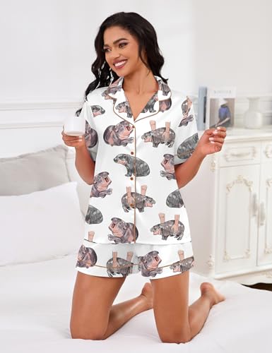 Image of SHESHOW Satin Pajamas for Women Set Preppy Animals Pjs Short Sleeve Shorts 2 Piece Loungewear Sets XS-XXL