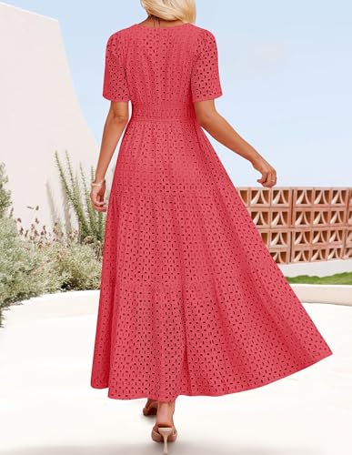 Image of ZESICA Women's 2026 Summer Short Sleeve Maxi Dress Casual V Neck Hollow Out Eyelet Ruffle Swing A Line Long Dresses
