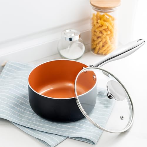 Image of MICHELANGELO 1 Quart Saucepan with Lid, Ultra Nonstick Coppper Sauce Pan with Lid, Small Pot with Lid, Ceramic Nonstick Saucepan 1 Quart, Small Sauce Pot, Copper Pot 1 Qt, Ceramic Sauce Pan - 1 Quart