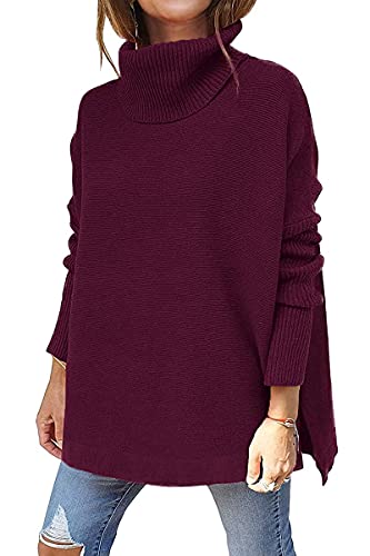Image of LILLUSORY Women's Turtleneck Oversized Sweaters Long Batwing Sleeve Spilt Hem Tunic Pullover Knit Tops