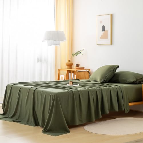 COTTEBED Olive Green Boho Full Size Bed Sheet Set - Softness Percale Vintage Washed Polycotton Solid Bedding Set, Breathable Cool Full Fitted with Deep Pocket to 16