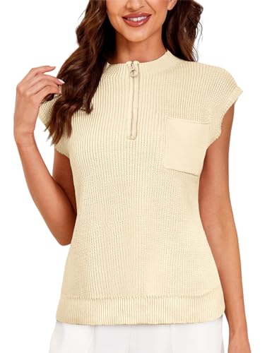 Women Sleeveless Knit Zip Sweater Vest Loose Fit Mock Neck Casual Tank Top with Front Pocket2