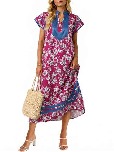 Image of Wenrine Womens Summer Floral Maxi Dress Casual Short Cap Sleeve V Neck Color Block Side Slit Loose Boho Beach Dresses