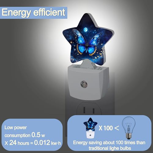 Image of Blue Butterfly Moon Dusk to Dawn Star Night Light,Starry Sky Smart Sensor Nightlight for Bedroom Kitchen Hallway Stairs,Plug-in Energy Efficient Decor Desk Lamp Women Men Gifts