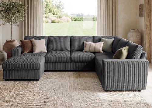 Image of HONBAY 7 Seaters U Shape Corduroy Sectional Sofa for Living Room, Dark Grey | 7 Seaters Sofa with Storage,U Shaped Sofa,Removable Covers