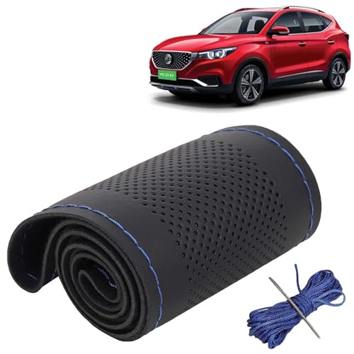 Image of KINGSWAY PU Leatherite Car Steering Cover Sewable Compatible with Morris Garages (MG) ZS EV (Year 2020 Onwards), Black Color with Blue Thread, Pack of 1 with Sewing Needle and Thread