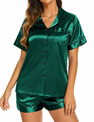 Ekouaer Silk Pjs Women's Pajama Shorts Set Summer Satin Button Down Sleepwear Casual Loungewear Set Dark Green,M #TOP2