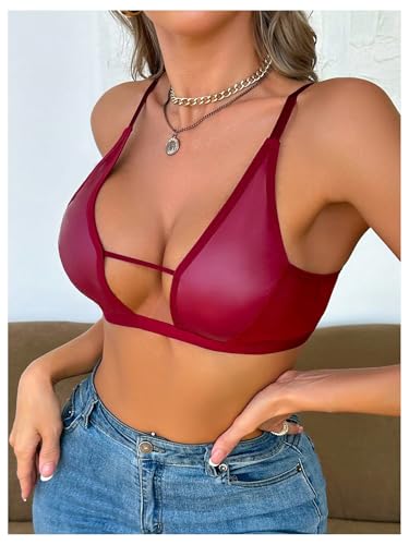 Image of SOLY HUX Bras for Women PU Leather Bra Contrast Mesh Comfort Bralette