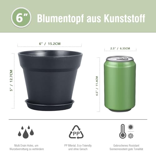 Homeuouz 6 Packs Blumentopf mit Untersetzer, 15.2cm Pflanzentopf, Plastik Übertopf mit Mehrere Ablauflöchern, Hydrokultur Topf… – Ansicht 2