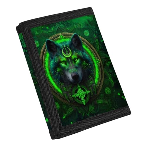 Kids Stylish Prints Trifold Wallet Teens Boys Girls Coin Case Lightweight Card Holder Moneybag Organizer,Viking Wolf Green3