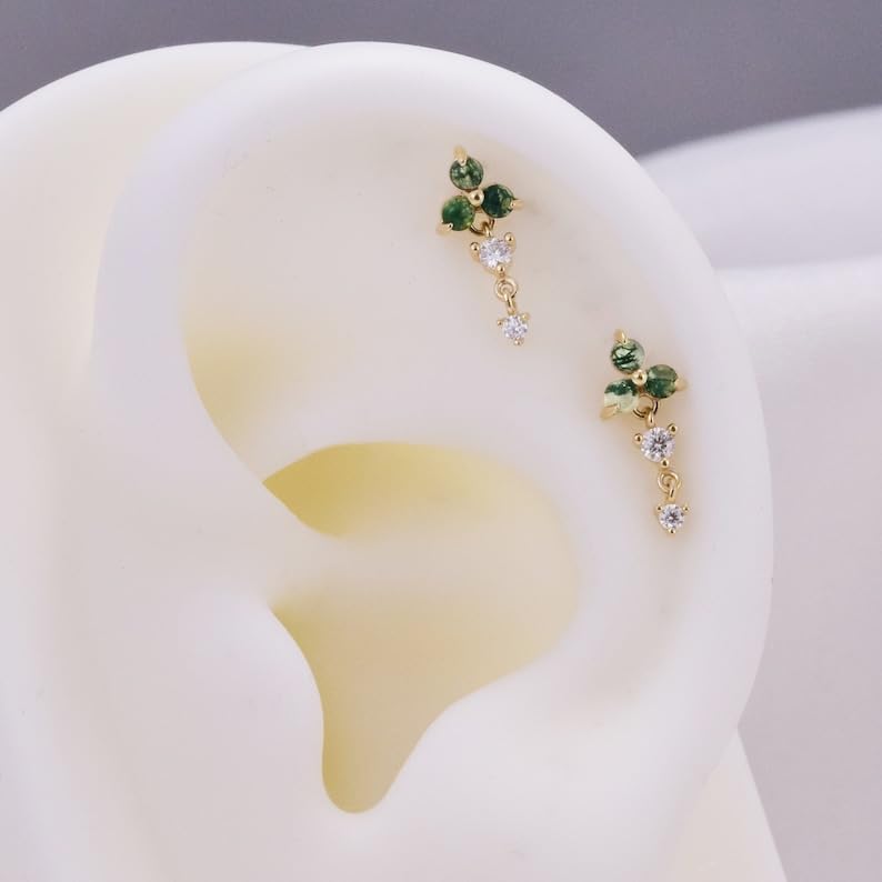 Moss Agate Round Stud Earring/Push Back Stud Earring/Round Earring/Moss Agate Helix Conch Stud Piercing/Back Piercing