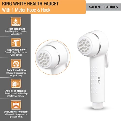 Image of Ruhe Ring White Health Faucet Set for Bathroom /Handheld Jet Spray for Toilet | ABS Health Faucet Hand Spray Gun with ABS 1 Meter Ultra Flexible Hose Pipe and Wall Hook /Holder | White Color