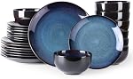 LERATIO Ensembles de repas en céramique pour 8,Assiette en grès et bols, sertie de glaçure réactive à la main, résistante au criblage et résistante au grattage & Micro-ondes Safe-Blue(24PCS)