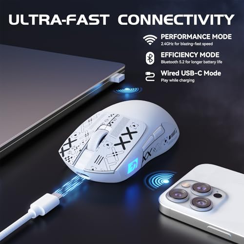 Image of MAMBASNAKE M4 Ultra-Light Wireless Gaming Mouse 52g, 24000 DPI PAW3311 Optical Sensor,2.4G /BT /Wired Ergonomic Computer Mice, RGB Lighting,400mAh Battery,Programmable Mouse for PC /Win /MAC-White &Tape