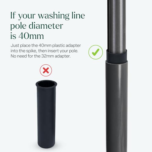 Winsome Rotary Washing Line Spike with 2 Plastic Adaptors to Fit 32, 40, 50mm Diameter Poles| Heavy Duty Multi Fit Ground Soil Spear Base for Rotary Airers | Black - 6