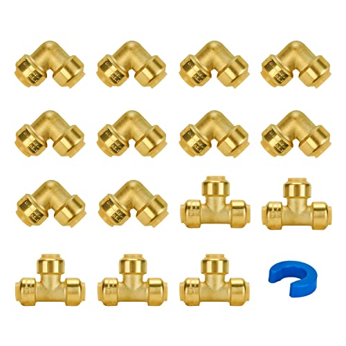 Image of SUNGATOR 15-Pack Plumbing Fitting 1 /2 inch, Pushfit Elbow (10 PCS), Tee (5 PCS) | Brass Pex Fittings, Push-to-Connect, for Pex Pipe, Copper, CPVC, PE-RT, with 1 Disconnect Clip
