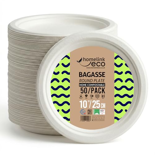 HOMELINK ECO 10 Bagasse Compostable Dinner Plates 50 Pack | DIN & TÜV Certified | PFAS-Free Sugarcane Disposable Plates | Heavy Duty Oil & Cut Resistant | ECO Friendly Dinner Plates