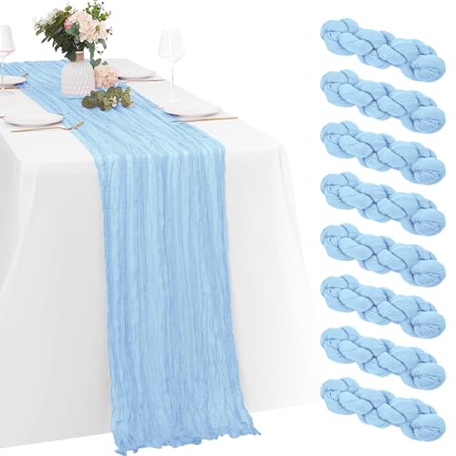 8 Pack Baby Blue Cheesecloth Table Runners 20x120 Inch Gauze Table Runner 10FT Easter Cheese Cloth Table Runner Rustic Sheer Runner for Wedding Baby Shower Birthday Party Table Decor