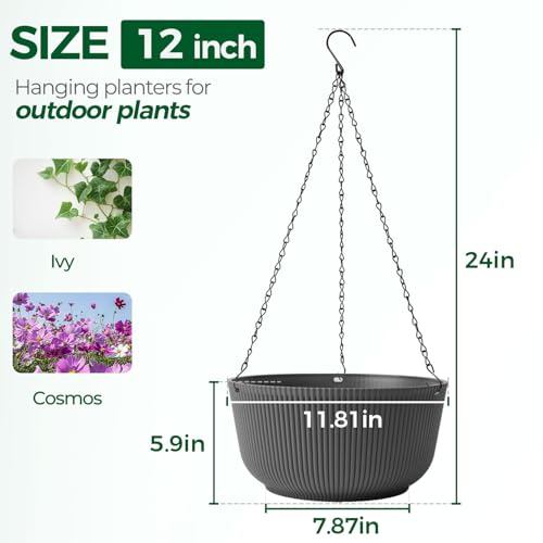 T4U Φ30cm Blumentopf Hängend Plastik 2er Set, Hängetöpfe für Pflanzen mit Ketten, Blumenampel Hängend Außen mit Wasserspeicher zum Garten Balkon Wohnzimmer Hängeampel Outdoor für Pflanzen Schwarz Matt