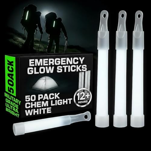 Soulchen 50 Pack White Glow Sticks 4 Bright Emergency Glow Sticks Bulk with 8-12 Hours for Use As Emergency Flares and Hiking Safety Gear or Concerts Weddings Raves Carnivals Parties Decor Events