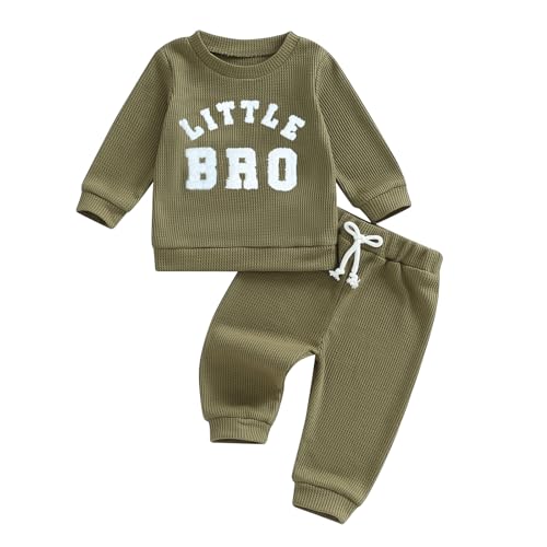 Image of Fall Baby Boy Clothes Mama's Boy Little Dude Embroidered Long Sleeve Sweatshirt Pants Set Waffle Knit Outfit