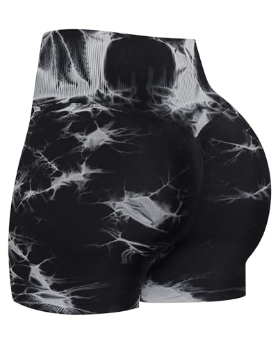 ATHVOTAR Workout Gym Shorts Women, High Waisted Seamless Butt Lifting Scrunch Butt Sports Shorts Discharge-Dyed Black S