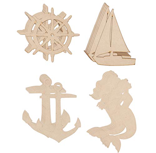 Wood Cutouts for Crafts, Ship Wheel, Sailboat, Mermaid and Anchor (24 Piece)