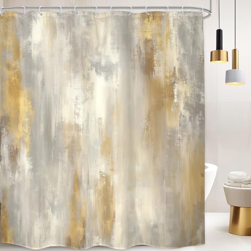 LGhtyro Abstract Grey Gold Shower Curtain Bathroom Set 71Wx84H Inches Extra Long Modern Marble Boho Ombre Minimalist Vintage Oil Painting Bath Accessories Retro Art Home Decor Fabric 12 Pack Hooks