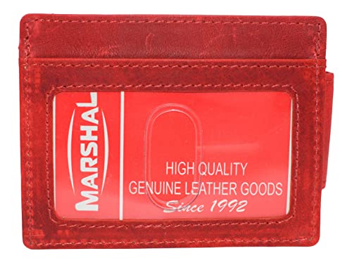 MARSHAL Genuine Hunter Leather Money Clip Front Pocket ID Wallet Strong Magnet (Red)3