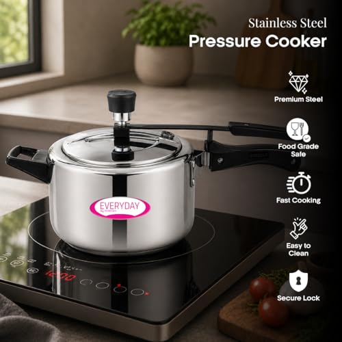 Image of Everyday Stainless Steel Pressure Cooker 3.5L & Tri-Ply Tadka Pan Combo | Mirror Finish Inner Lid Cooker | 13cm /550ml Heavy Gauge Tadka Pan | Long Wire Stand-Handle | Gas & Induction Compatible