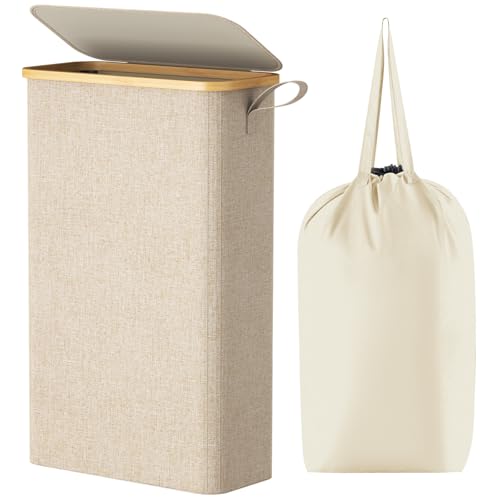 Lifewit 65L Slim Laundry Basket with Lid, Narrow Laundry Bin with Removable Bag & Bamboo Handles, Foldable Thin Dirty Clothes Hamper for Laundry, Bathroom, Bedroom, Dorm (Beige)