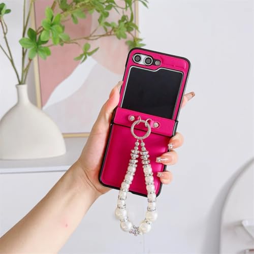 Coque Galaxy Z Flip 6 cuir rose protection charnière bracelet perles