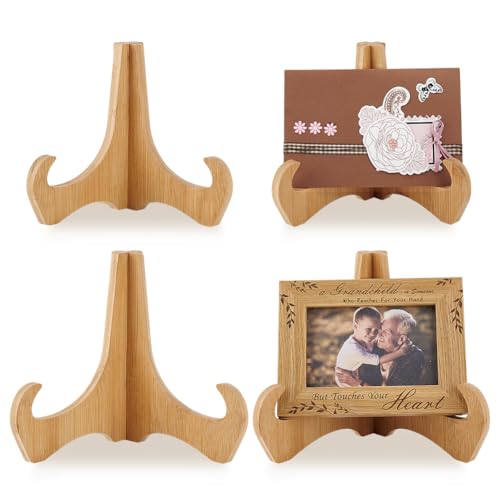 PH PandaHall 4 Pack Bamboo Plate Stands for Display, 6/8 Inch Plate Holders Picture Frame Stand Recipe Book Holder Cookbook Stands for Card Kitchen Counter Platter, Dish, Book, Photo and Plaques