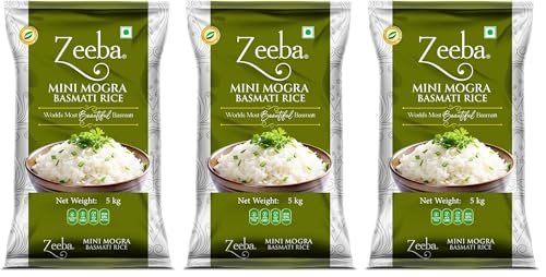 Image of Zeeba Mini Mogra Basmati Rice 5 Kg, Ideal for Khichdi, Kheer & Daily Meals (Cooked length upto 11mm*) (Pack of 3)