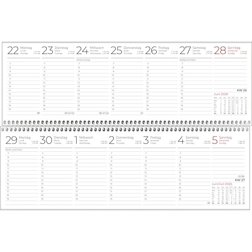 Zettler Tischquerkalender 1W/1S Blauer Engel Recycling 2026 – Wochenkalender 30 × 10 cm, 1 Woche auf 1 Seite, FSC & Blauer Engel zertifiziert, nachhaltiger Bürokalender mit Stundeneinteilung 7–19 Uhr