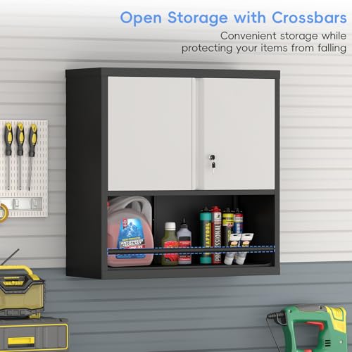 Image of Garage Locking Cabinet, Wall Storage Cabinet with Shelves, Hanging Cabinets with Open Storage, Small Wall Cabinet, Lockable Tool Cabinet for Basement, School, Office