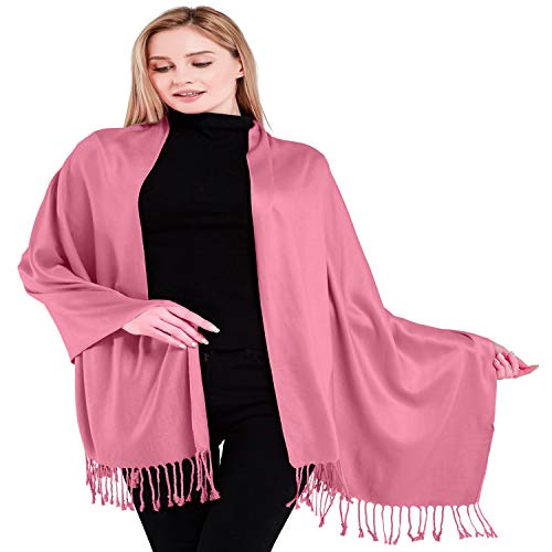 CJ Apparel Rose Pink Solid Color Tassels Design Nepalese Shawl Scarf Wrap Stole Throw Head Wrap Pashmina Hand Made in Nepal New2