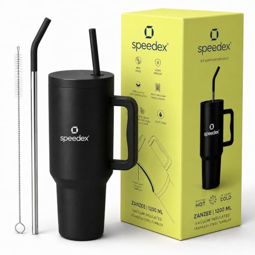 Image of Speedex 1200 ml Insulated Stainless Steel Tumbler with Handle, Straw & Cleaning Brush, Double Wall Leakproof Sipper Bottle, 24H Cold 18H Hot, Cup Holder Fit Travel Mug for Men Women (Black, 1.2 l)
