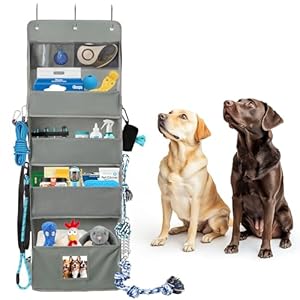 Dog Storage Organizer Hanging Over the Door, Dog Toy Box for Indoor Dog Cat, Dog Toy Storage Basket for Pet Supplies and Accessories Organization, Dog Treat Container for Dog Stuff (Light Grey)