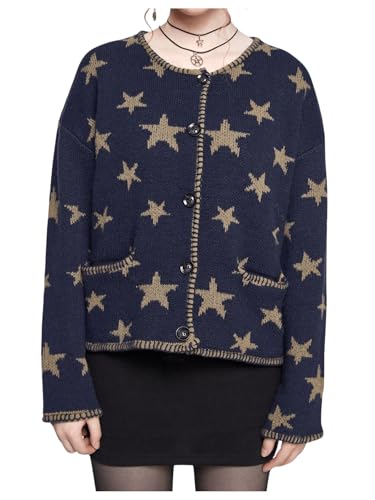 SOLY HUX Women's Star Print Cardigan Button Down Round Neck Long Sleeve Casual Sweater with Pockets4
