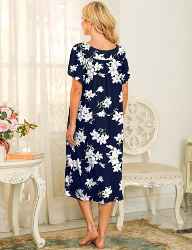 Image of Bloggerlove Mumu House Dress for Women with Pockets Short Sleeve Nightgowns | 15% Cotton, 80% Polyester, 5% Spandex, Floral Mumu House Dress, V-Neck, Short Sleeves, Midi Length, 2 Side Pockets, Lounging