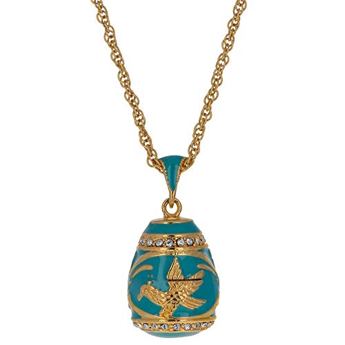 BestPysanky Aquamarine Enamel Gold Bird Royal Egg Pendant Necklace 20 Inches