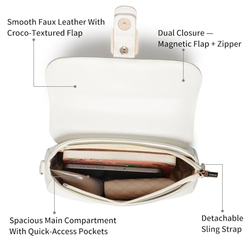 Image of BuckleUp White Sling | Faux-Leather Women's bag | Sling with Croco-Textured Flap & Buckle Closure