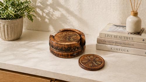 Image of Premium Round Wooden Coasters Set of 6 with Holder | Mango Wood Tea & Coffee Coaster Set for Table Protection & Home Decor | Cup Coaster Set for Dining Table