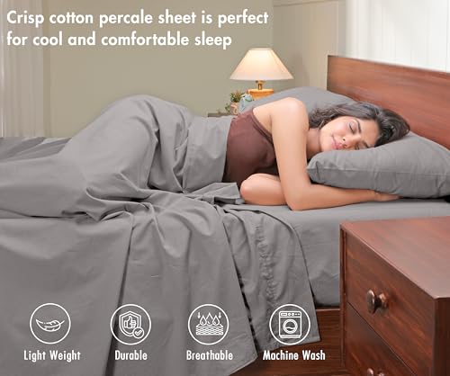 Image of RUVANTI 100% Cotton Percale Sheets Twin XL - Crisp Cooling Summer Bed Sheets for Hot Sleepers, Deep Pocket 14 inch, Soft Peach Finish, Breathable & Durable Hotel-Style 3 Piece Set, Smoky Grey