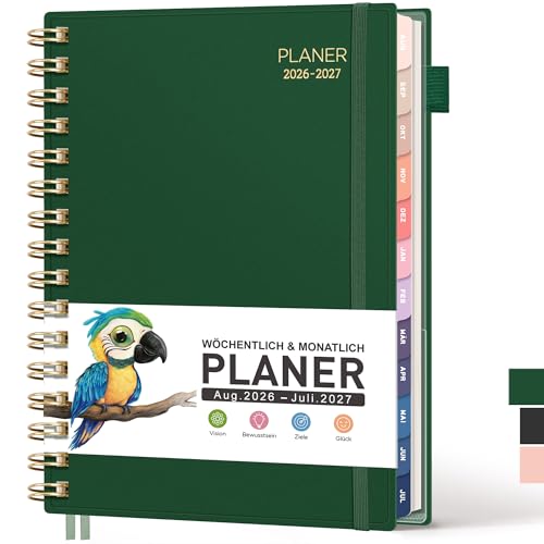 RETTACY Kalender 2026 2027 - Wochenplaner Notizbuch A5 Schulplaner 26/27 Terminplaner für Schule August 2026-Juli 2027 planer Studium & Alltag (Dunkelgrün)
